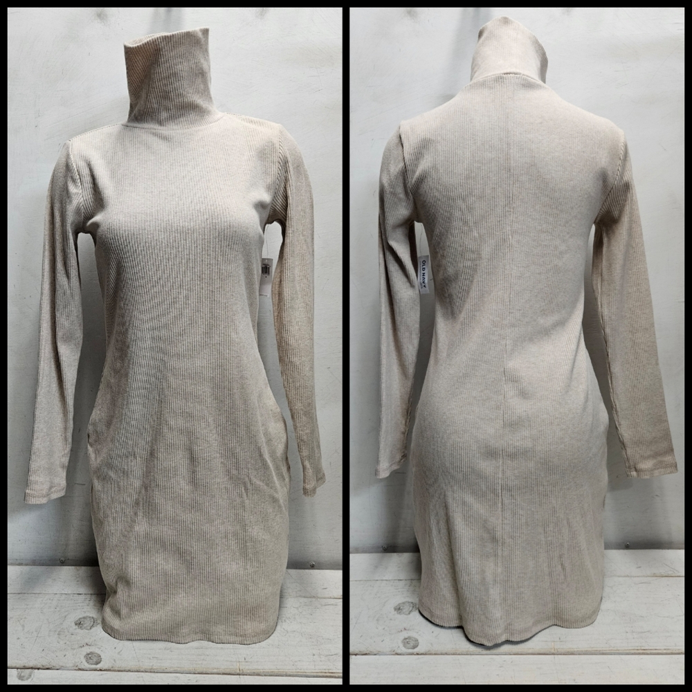 OLD NAVY Medium Fitted Beige Ribbed Turtleneck Long Sleeve Midi Dress NWT New